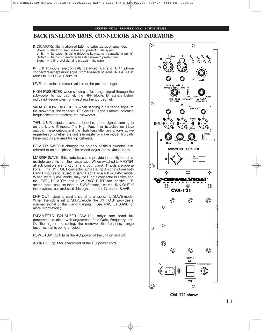 Cerwin-Vega CVA-121, CVA-118 manual Back Panel Controls, Connectors And Indicators, Power, Limit, Signal 