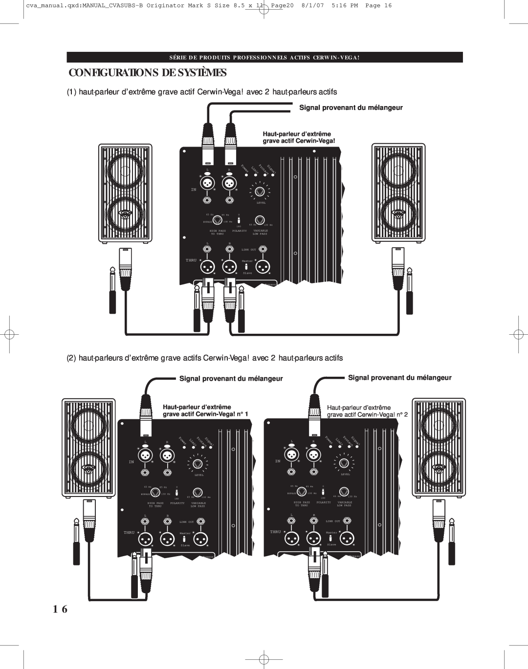 Cerwin-Vega CVA-118, CVA-121 manual Configurations De Systèmes, Signal provenant du mélangeur 