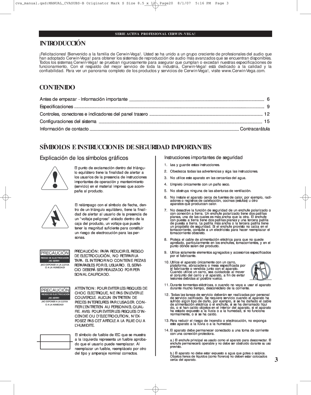 Cerwin-Vega CVA-121, CVA-118 manual Introducción, Contenido, Símbolos E Instrucciones De Seguridad Importantes 