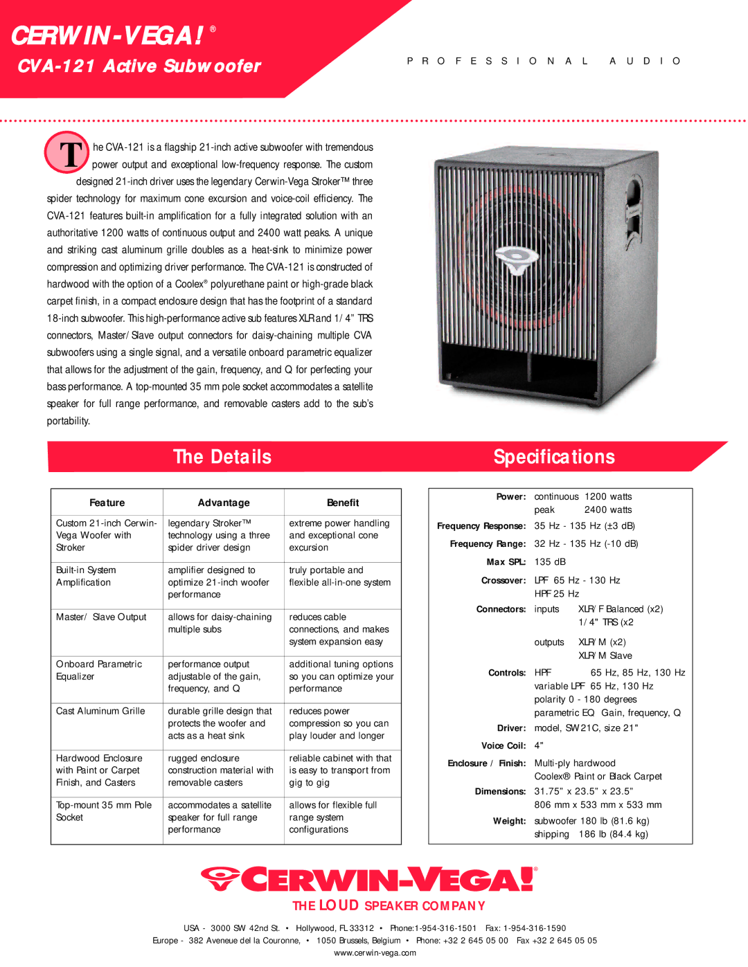 Cerwin-Vega specifications Cerwin-Vega, Details Specifications, CVA-121 Active Subwoofer, Loud Speaker Company 