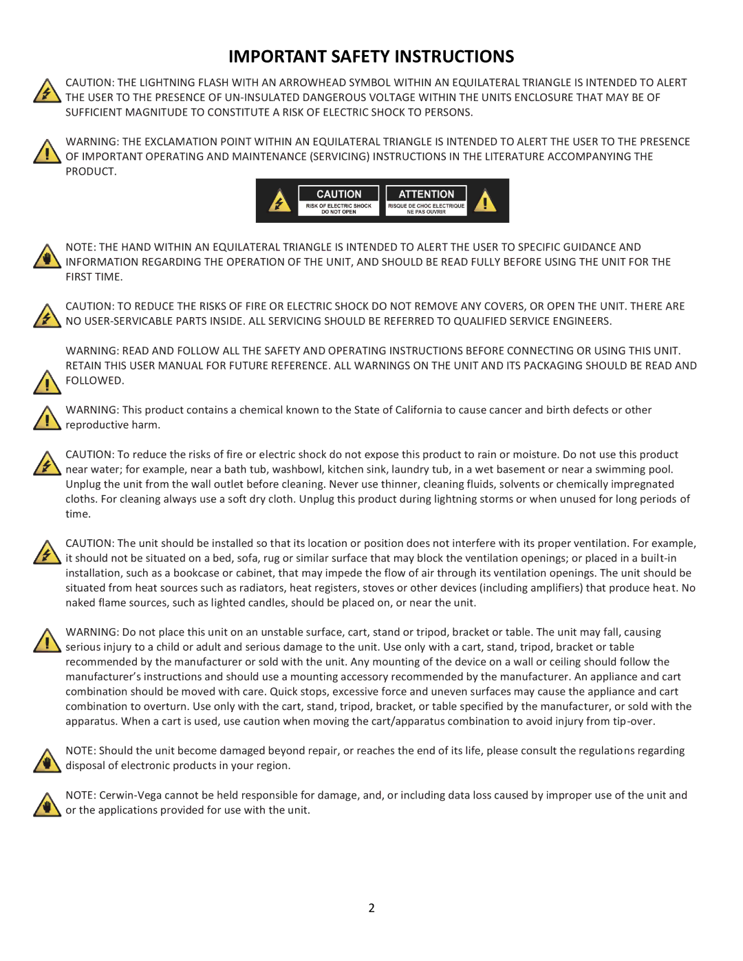 Cerwin-Vega CVM-1022 manual Important Safety Instructions 