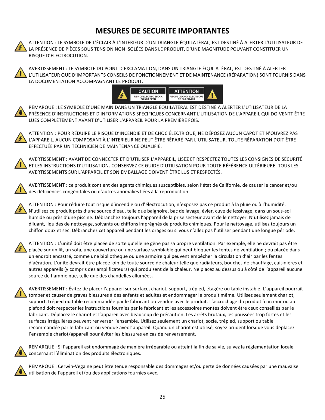 Cerwin-Vega CVM-1022 manual Mesures DE Securite Importantes 