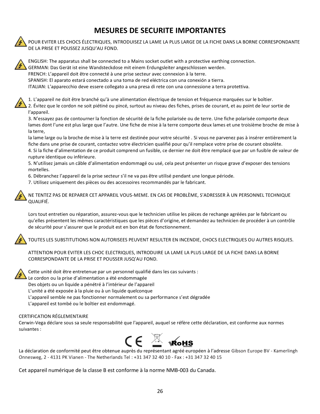 Cerwin-Vega CVM-1022 manual Certification Réglementaire 