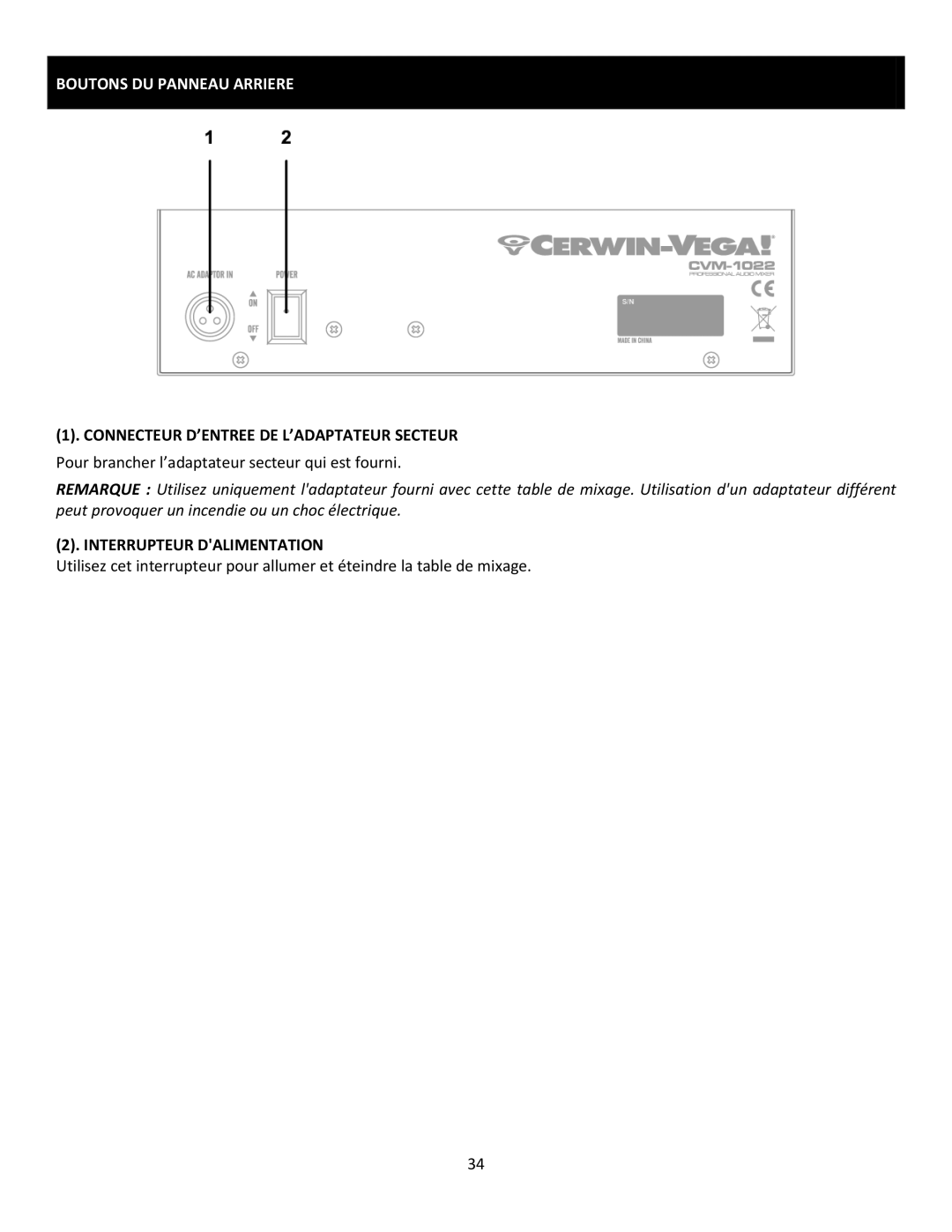 Cerwin-Vega CVM-1022 Boutons DU Panneau Arriere, Connecteur D’ENTREE DE L’ADAPTATEUR Secteur, Interrupteur Dalimentation 