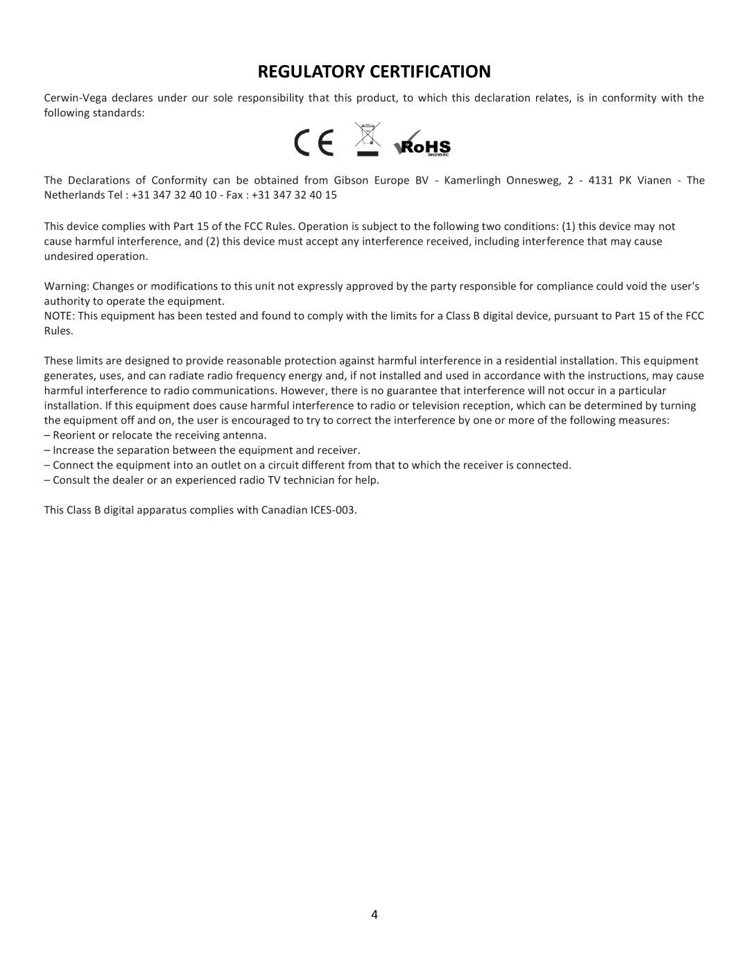 Cerwin-Vega CVM-1022 manual Regulatory Certification 