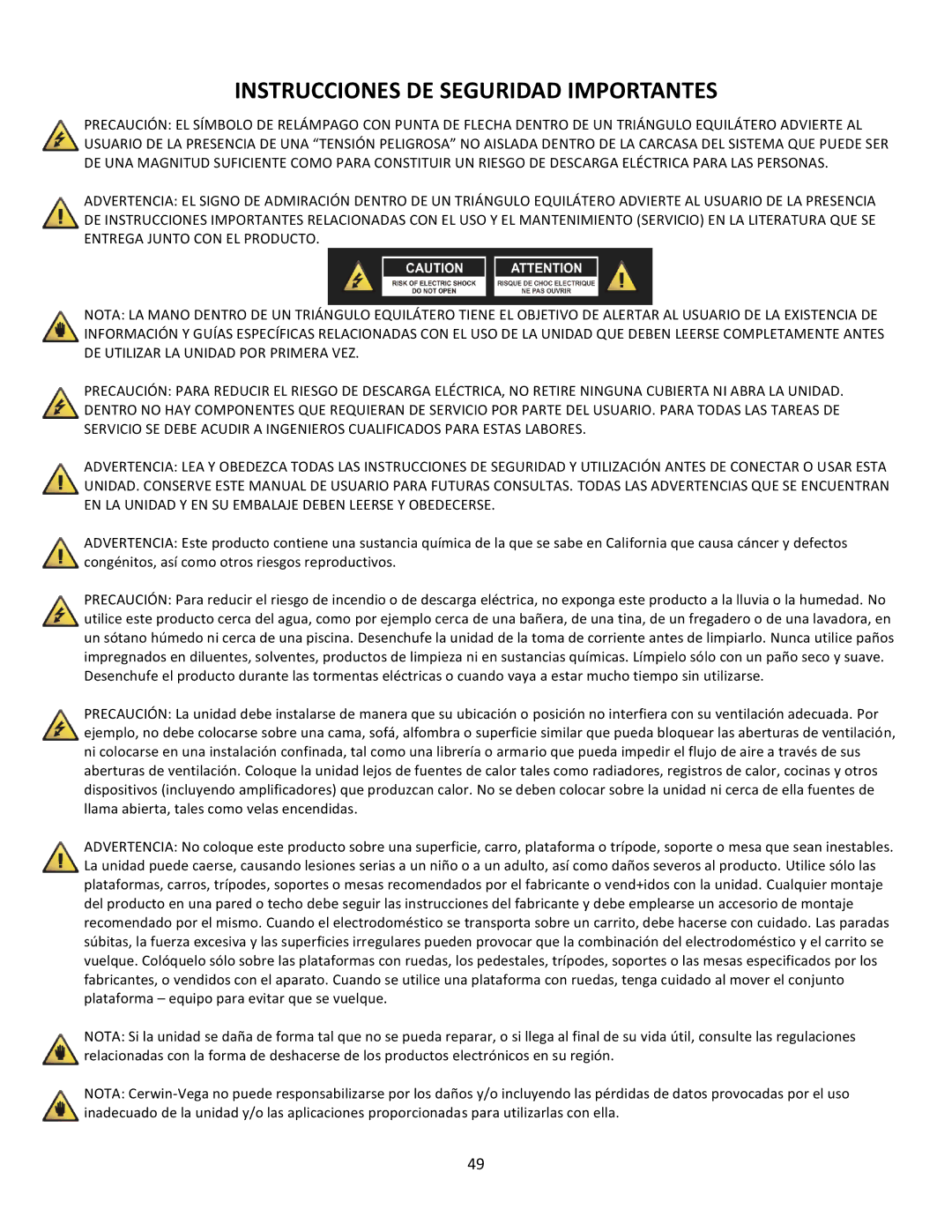 Cerwin-Vega CVM-1022 manual Instrucciones DE Seguridad Importantes 