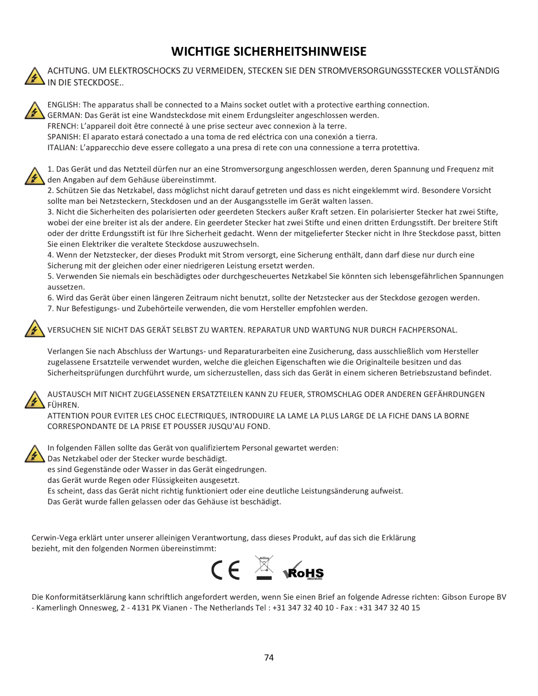 Cerwin-Vega CVM-1022 manual Wichtige Sicherheitshinweise 