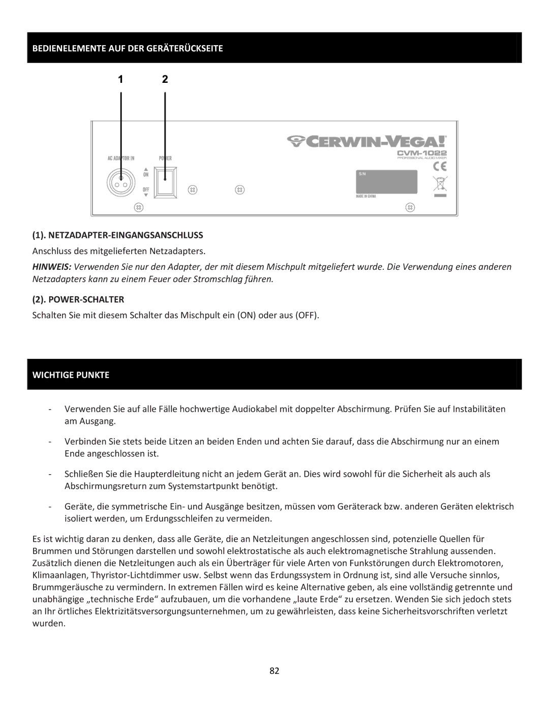 Cerwin-Vega CVM-1022 manual Bedienelemente AUF DER Geräterückseite, Netzadapter-Eingangsanschluss, Power-Schalter 