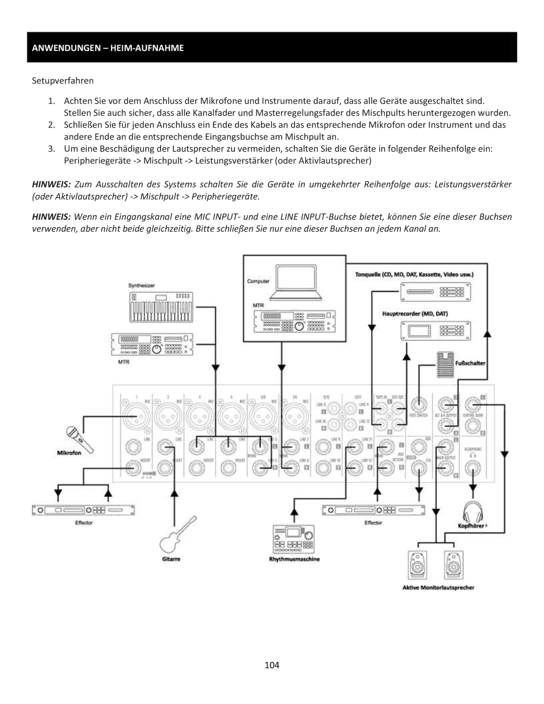 Cerwin-Vega CVM-1224FXUSB manual Anwendungen HEIM-AUFNAHME, Setupverfahren 