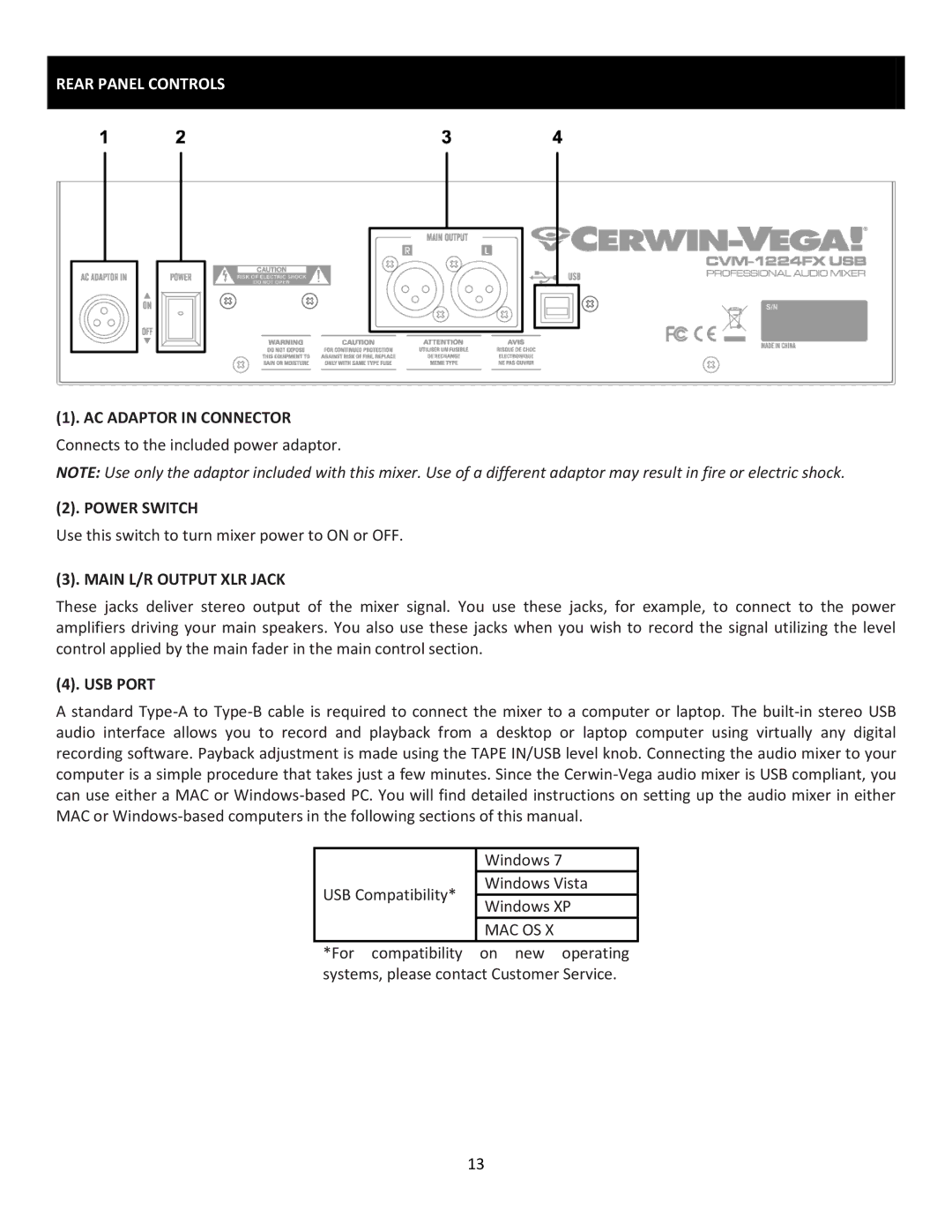 Cerwin-Vega CVM-1224FXUSB Rear Panel Controls, AC Adaptor in Connector, Power Switch, Main L/R Output XLR Jack, USB Port 