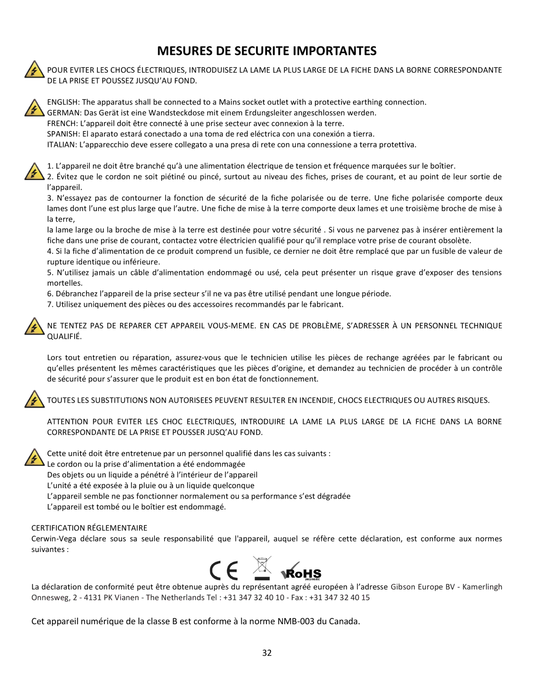 Cerwin-Vega CVM-1224FXUSB manual Mesures DE Securite Importantes 