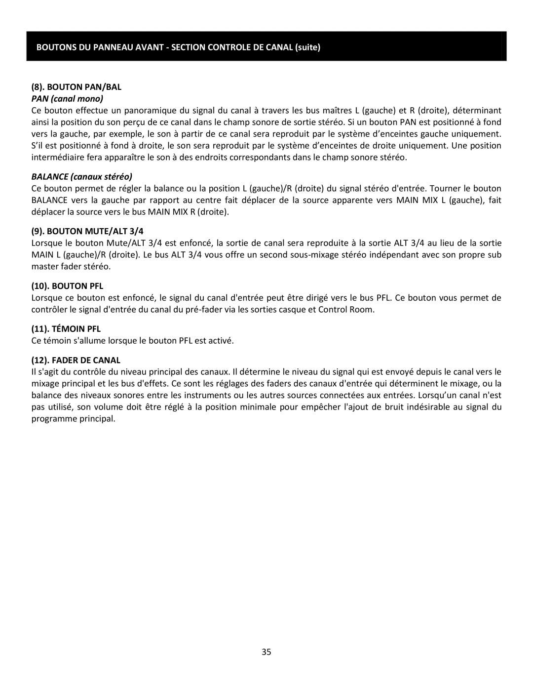 Cerwin-Vega CVM-1224FXUSB manual Boutons DU Panneau Avant Section Controle DE Canal suite, Bouton MUTE/ALT 3/4, Bouton PFL 