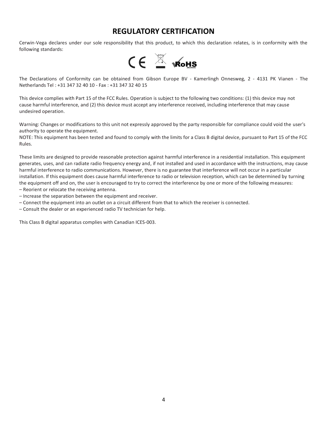 Cerwin-Vega CVM-1224FXUSB manual Regulatory Certification 