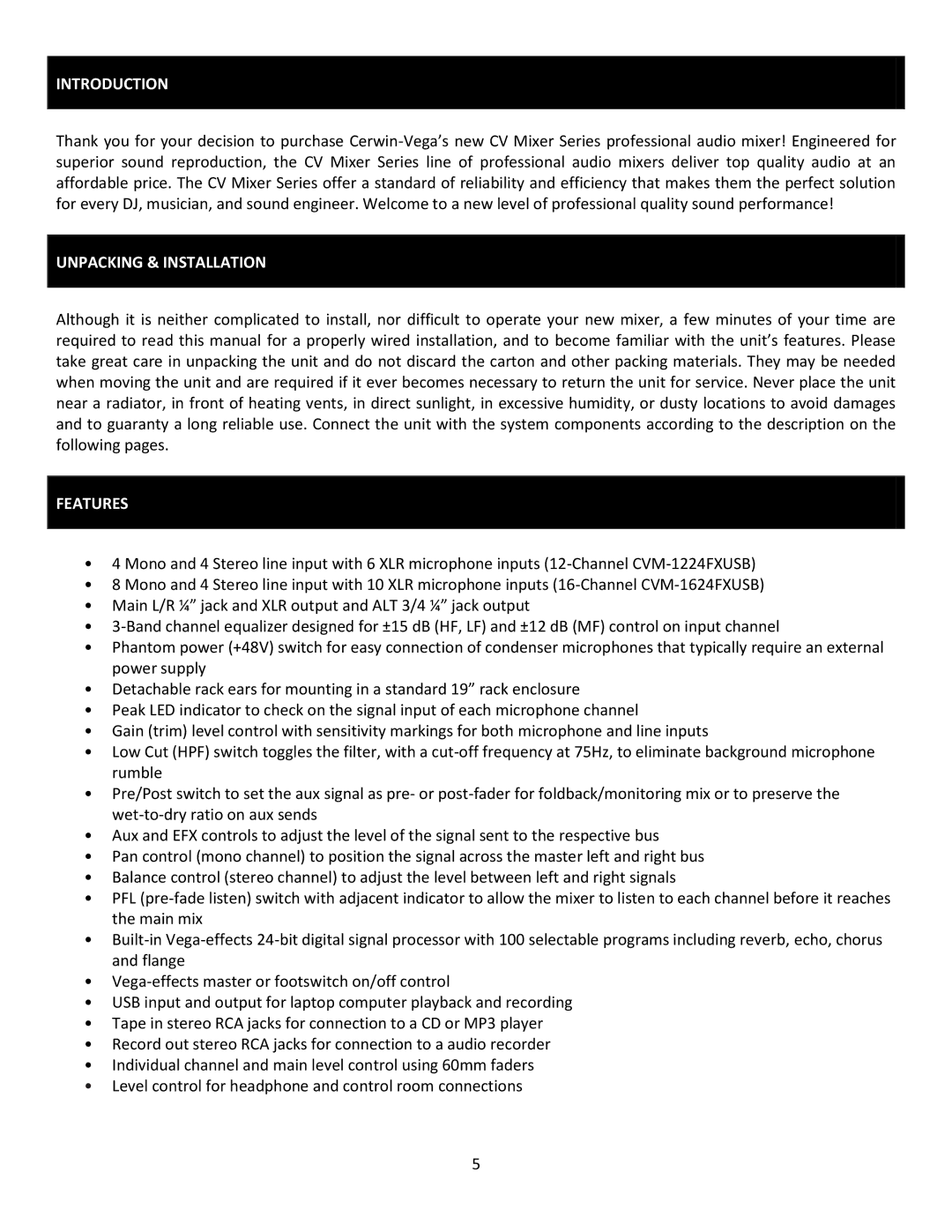 Cerwin-Vega CVM-1224FXUSB manual Introduction, Unpacking & Installation, Features 