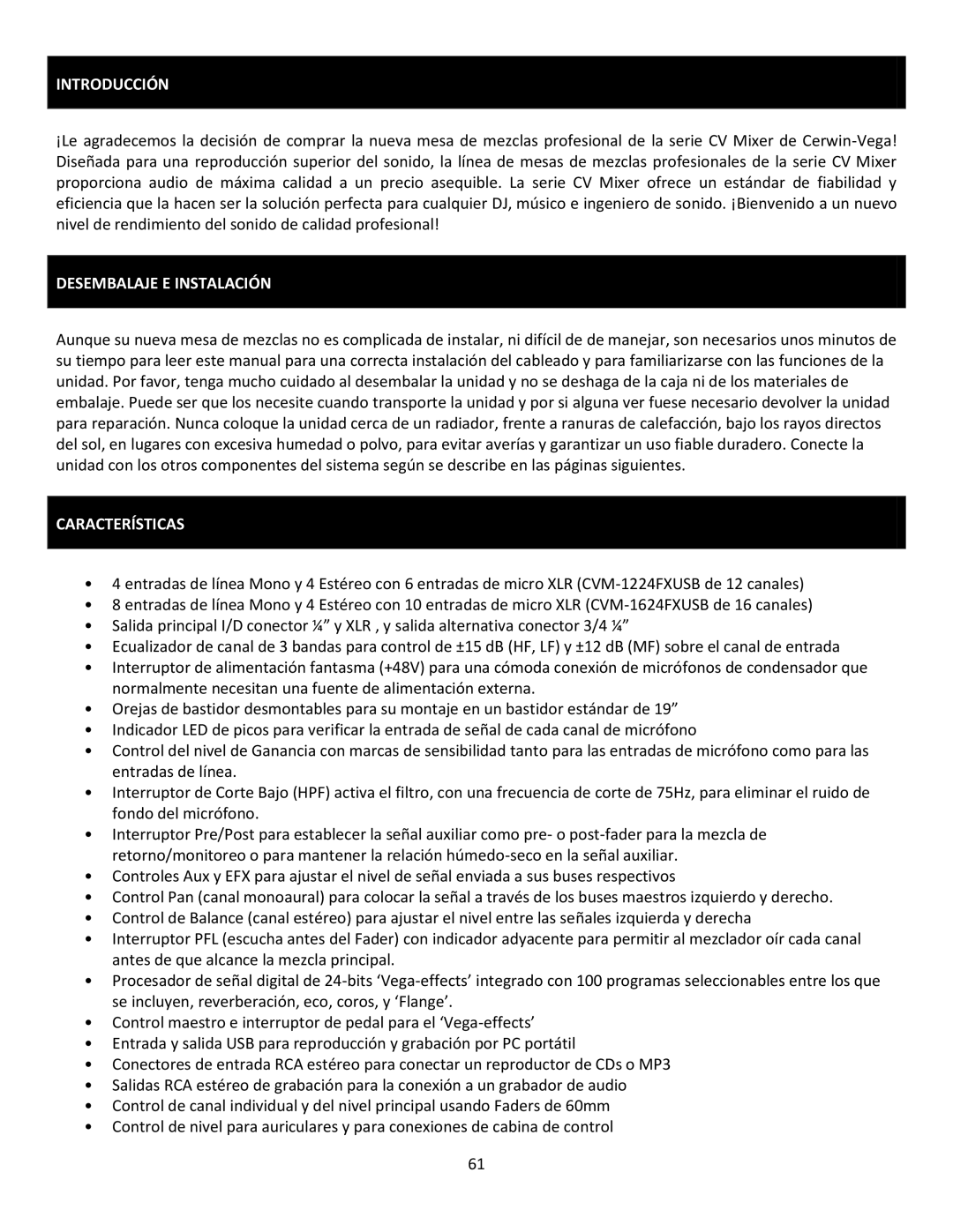 Cerwin-Vega CVM-1224FXUSB manual Introducción, Desembalaje E Instalación, Características 
