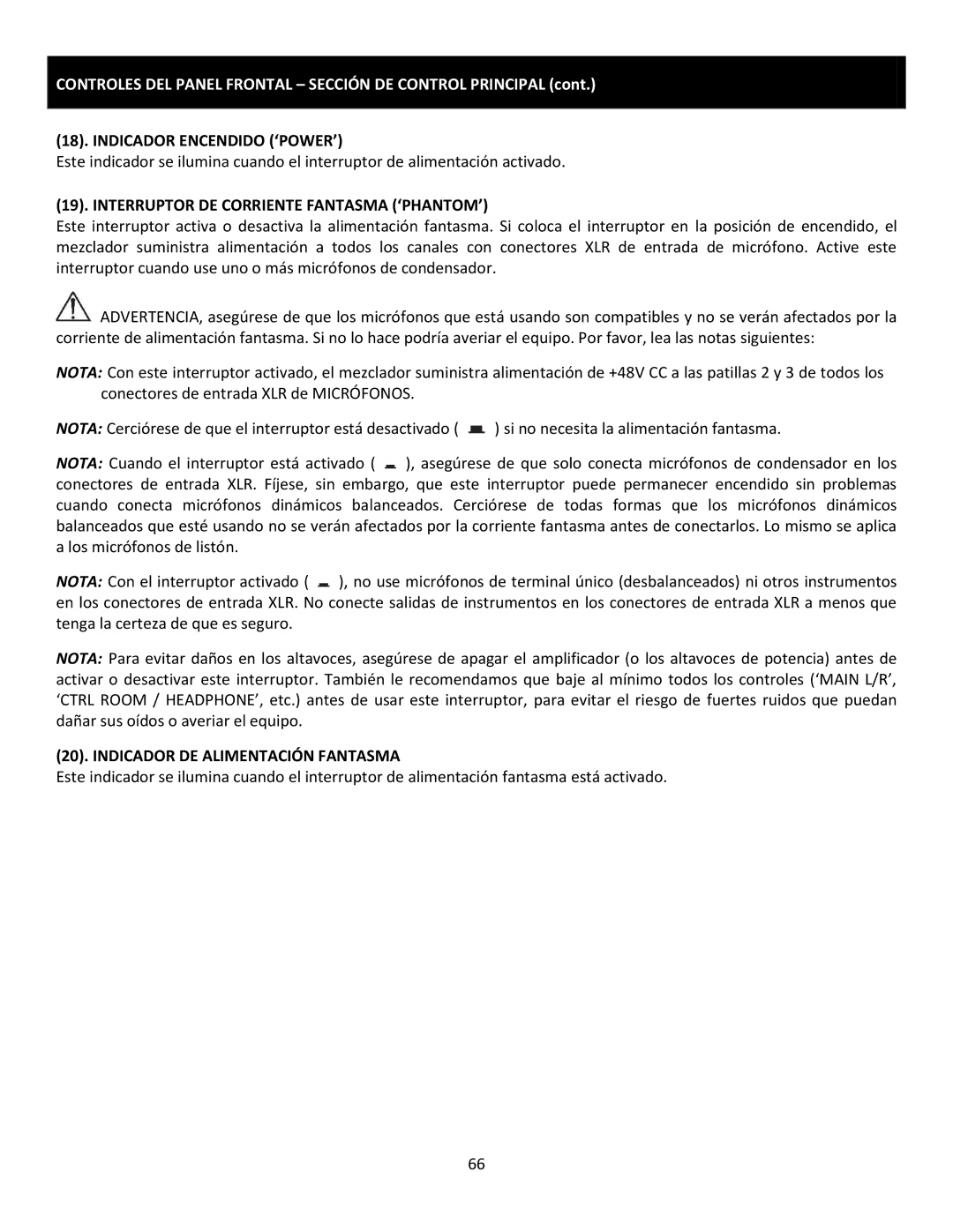 Cerwin-Vega CVM-1224FXUSB manual Indicador Encendido ‘POWER’, Interruptor DE Corriente Fantasma ‘PHANTOM’ 