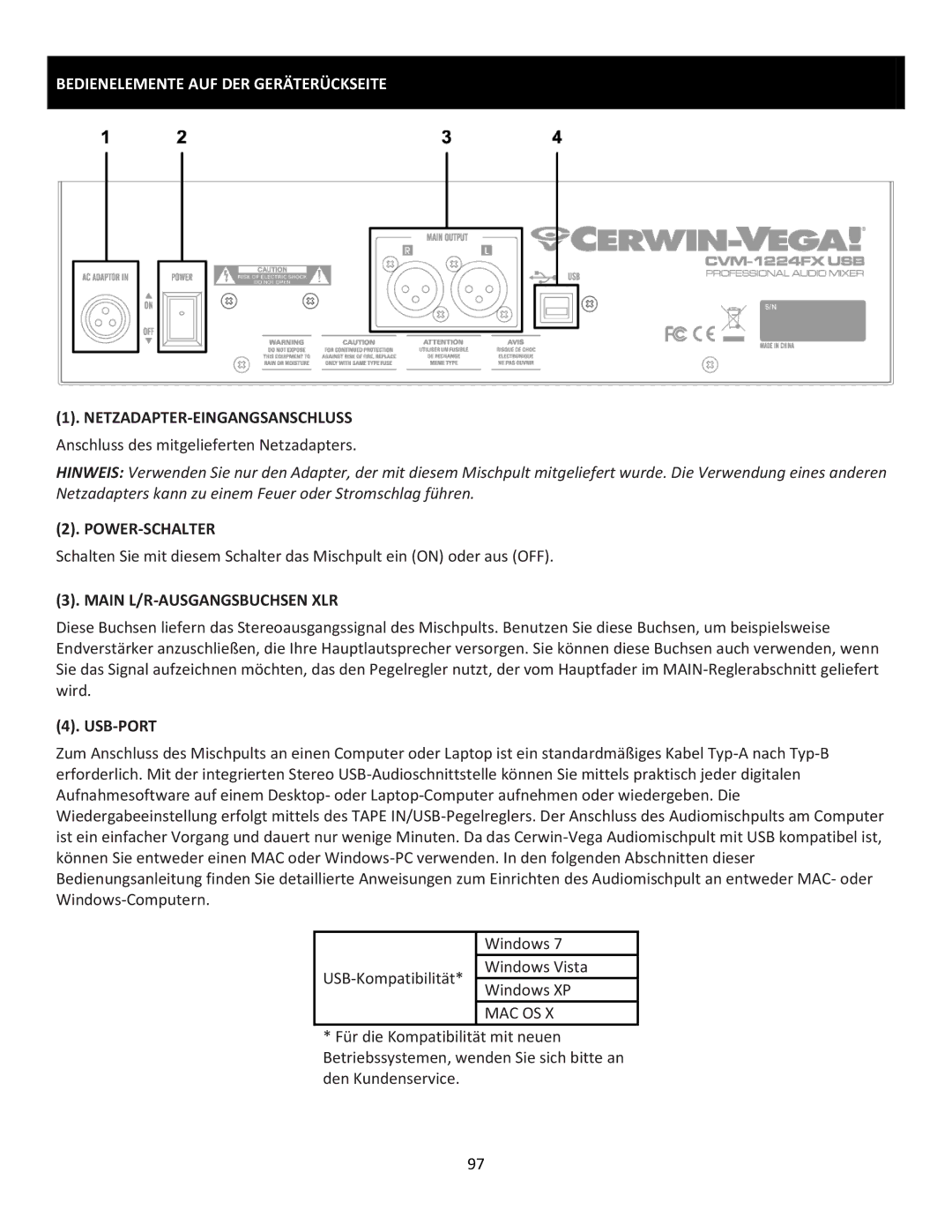 Cerwin-Vega CVM-1224FXUSB Bedienelemente AUF DER Geräterückseite, Netzadapter-Eingangsanschluss, Power-Schalter, Usb-Port 