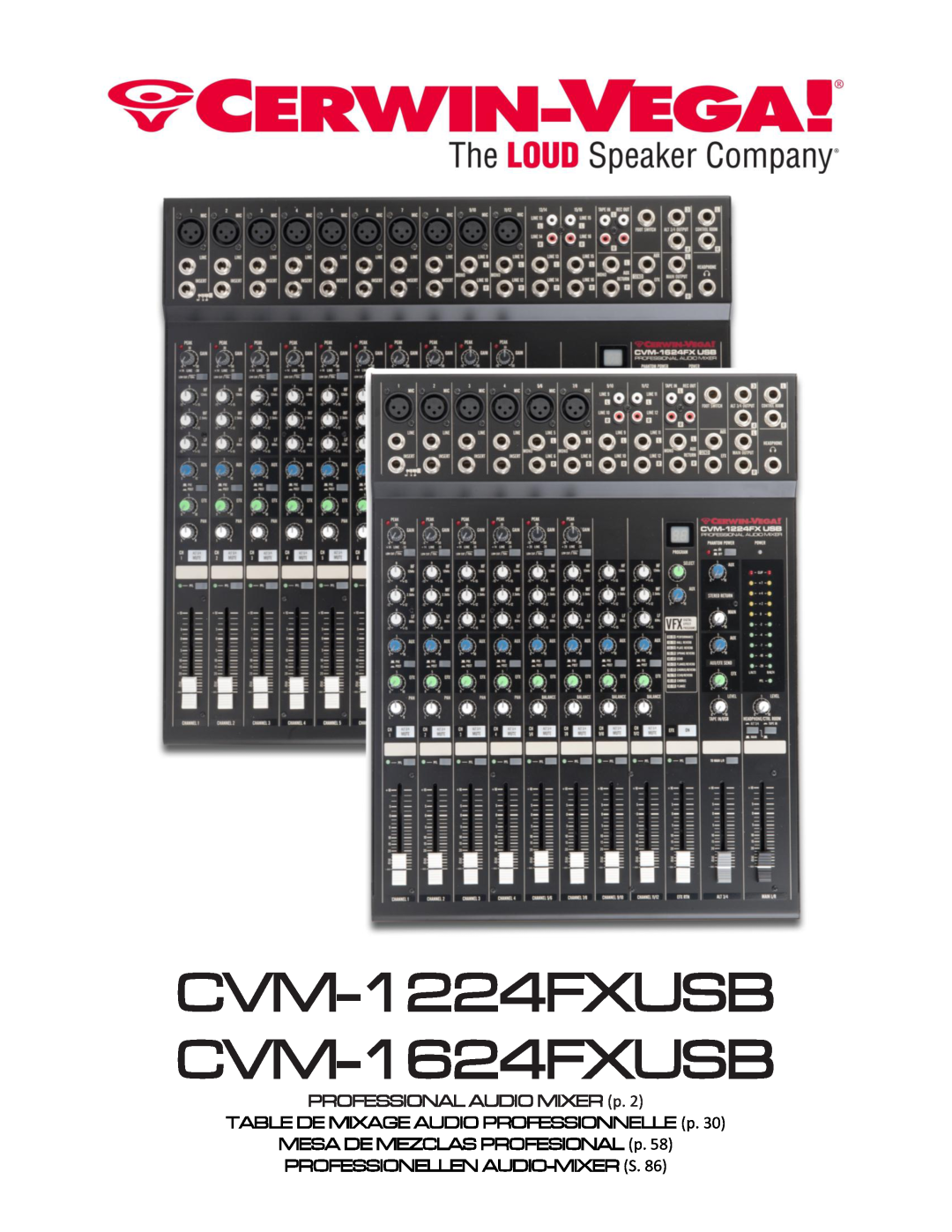 Cerwin-Vega manual CVM-1224FXUSB CVM-1624FXUSB, TABLE DE MIXAGE AUDIO PROFESSIONNELLE p MESA DE MEZCLAS PROFESIONAL p 