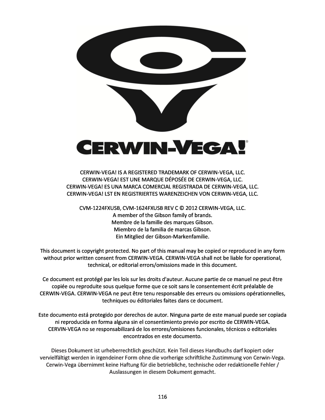 Cerwin-Vega manual CVM-1224FXUSB, CVM-1624FXUSB REV C 2012 CERWIN-VEGA, LLC 