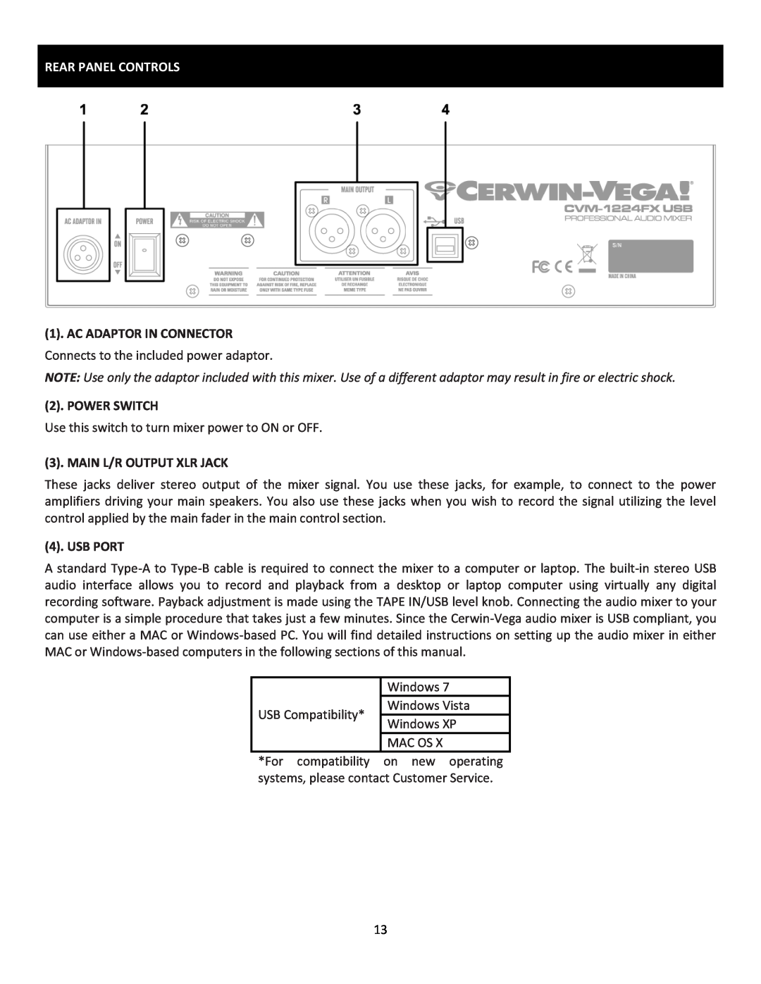 Cerwin-Vega CVM-1224FXUSB Rear Panel Controls, Ac Adaptor In Connector, Power Switch, Main L/R Output Xlr Jack, Usb Port 