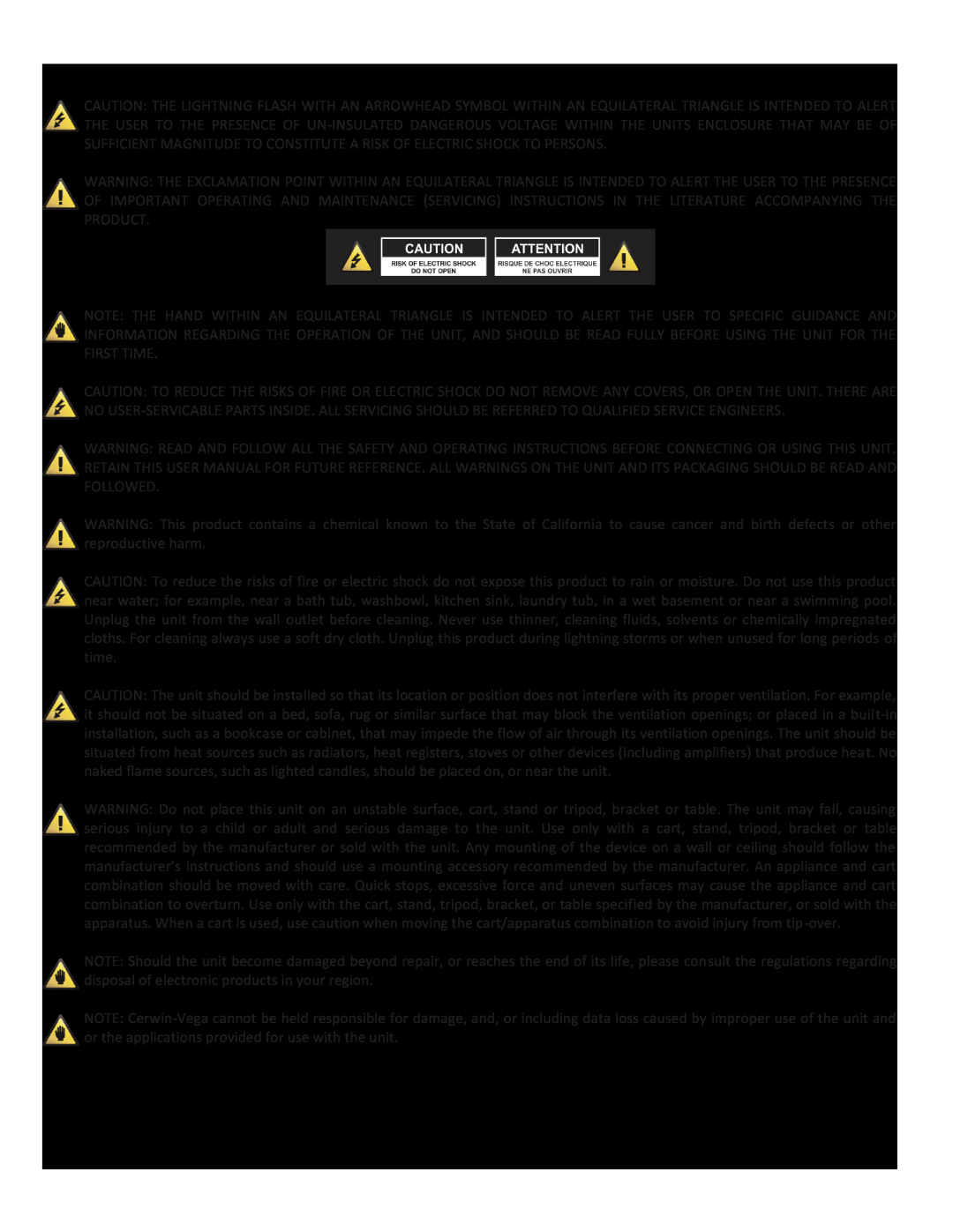 Cerwin-Vega CVM-1224FXUSB manual Important Safety Instructions 
