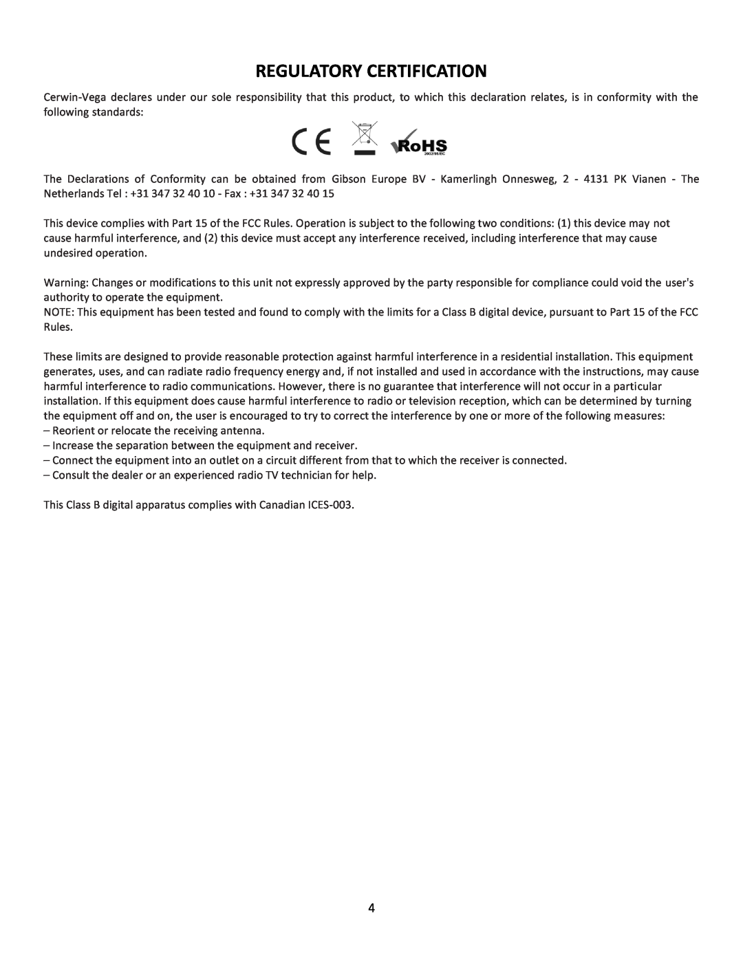 Cerwin-Vega CVM-1224FXUSB manual Regulatory Certification 