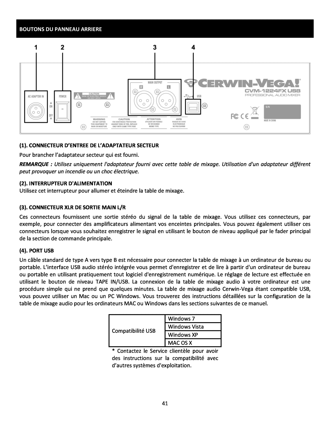 Cerwin-Vega CVM-1224FXUSB manual Boutons Du Panneau Arriere, Connecteur D’Entree De L’Adaptateur Secteur, Port Usb 