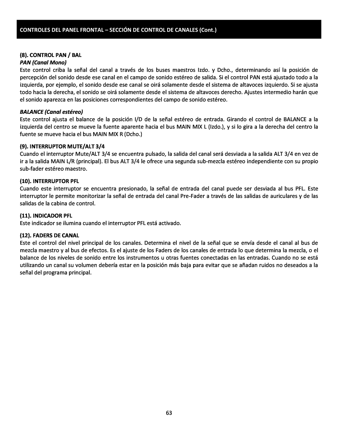 Cerwin-Vega CVM-1224FXUSB manual CONTROLES DEL PANEL FRONTAL - SECCIÓN DE CONTROL DE CANALES Cont, Control Pan / Bal 