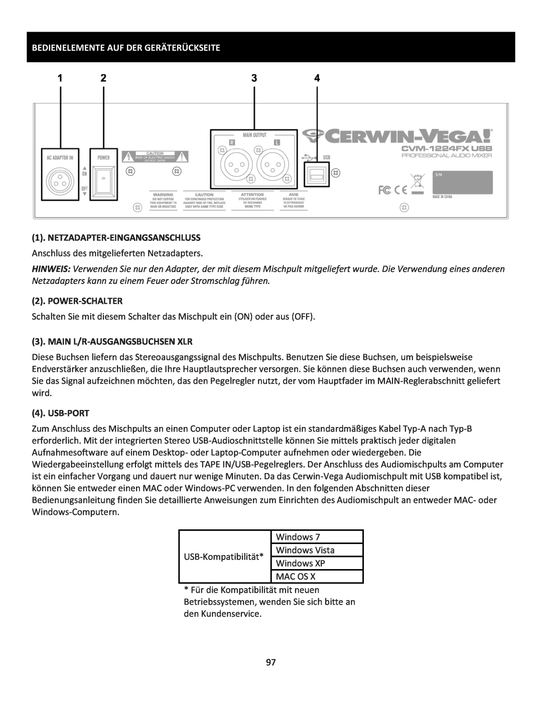 Cerwin-Vega CVM-1224FXUSB Bedienelemente Auf Der Geräterückseite, Netzadapter-Eingangsanschluss, Power-Schalter, Usb-Port 
