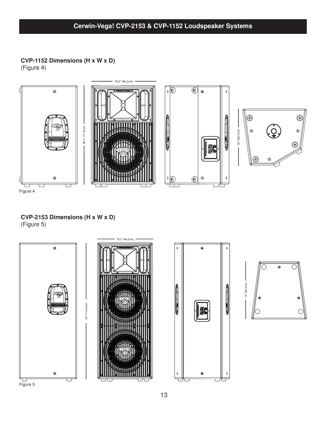 Cerwin-Vega manual CVP-1152 Dimensions H x W x D Figure, CVP-2153 Dimensions H x W x D Figure 