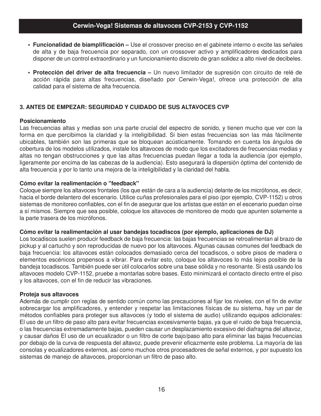 Cerwin-Vega CVP-1152 Antes DE Empezar Seguridad Y Cuidado DE SUS Altavoces CVP, Posicionamiento, Proteja sus altavoces 
