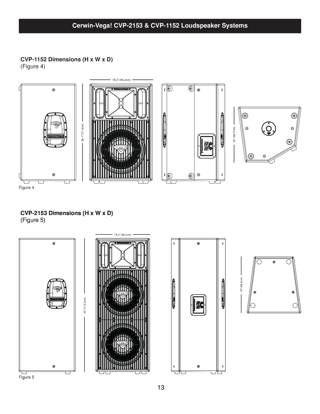 Cerwin-Vega CVP-2153, CVP-1152 manual 28.1” 71.4cm, 16” 40.7cm, 18.2” 46.2cm 114.3cm45”, 19” 48.3cm 