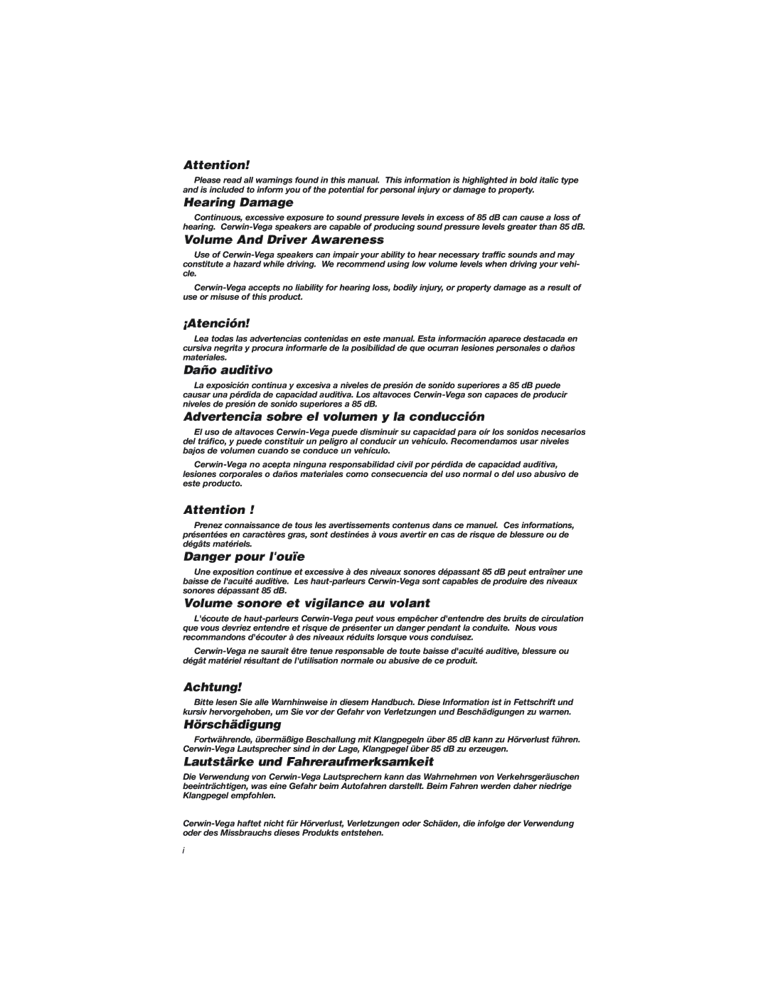 Cerwin-Vega HED-6.5, HED-6.0 Hearing Damage, Volume And Driver Awareness, ¡Atención, Daño auditivo, Achtung, Hörschädigung 