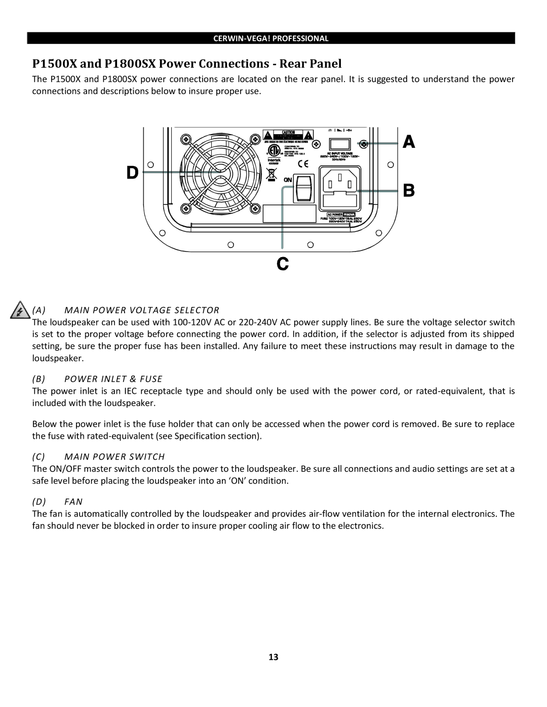 Cerwin-Vega manual P1500X and P1800SX Power Connections Rear Panel, Main Power Voltage Selector, Power Inlet & Fuse, Fan 