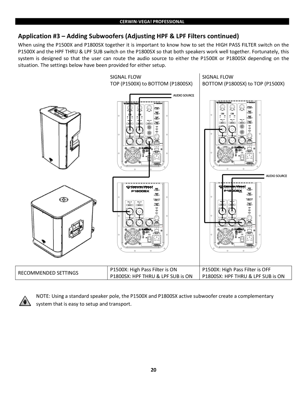 Cerwin-Vega P1500x, P1800SX manual Signal Flow, Recommended Settings 