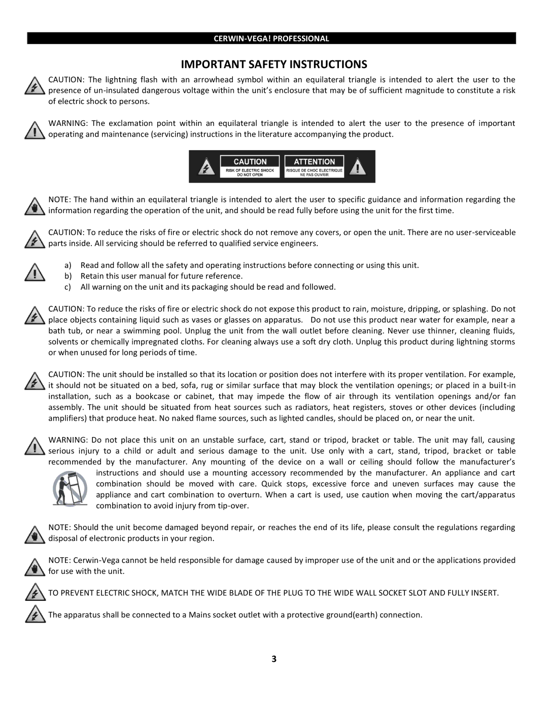 Cerwin-Vega P1800SX, P1500x manual Important Safety Instructions 