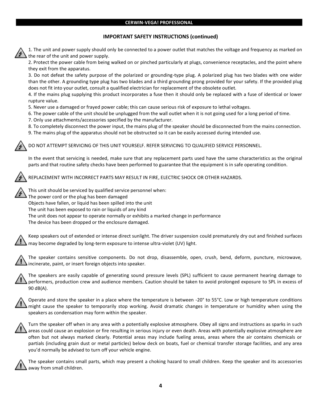 Cerwin-Vega P1500x, P1800SX manual Important Safety Instructions 