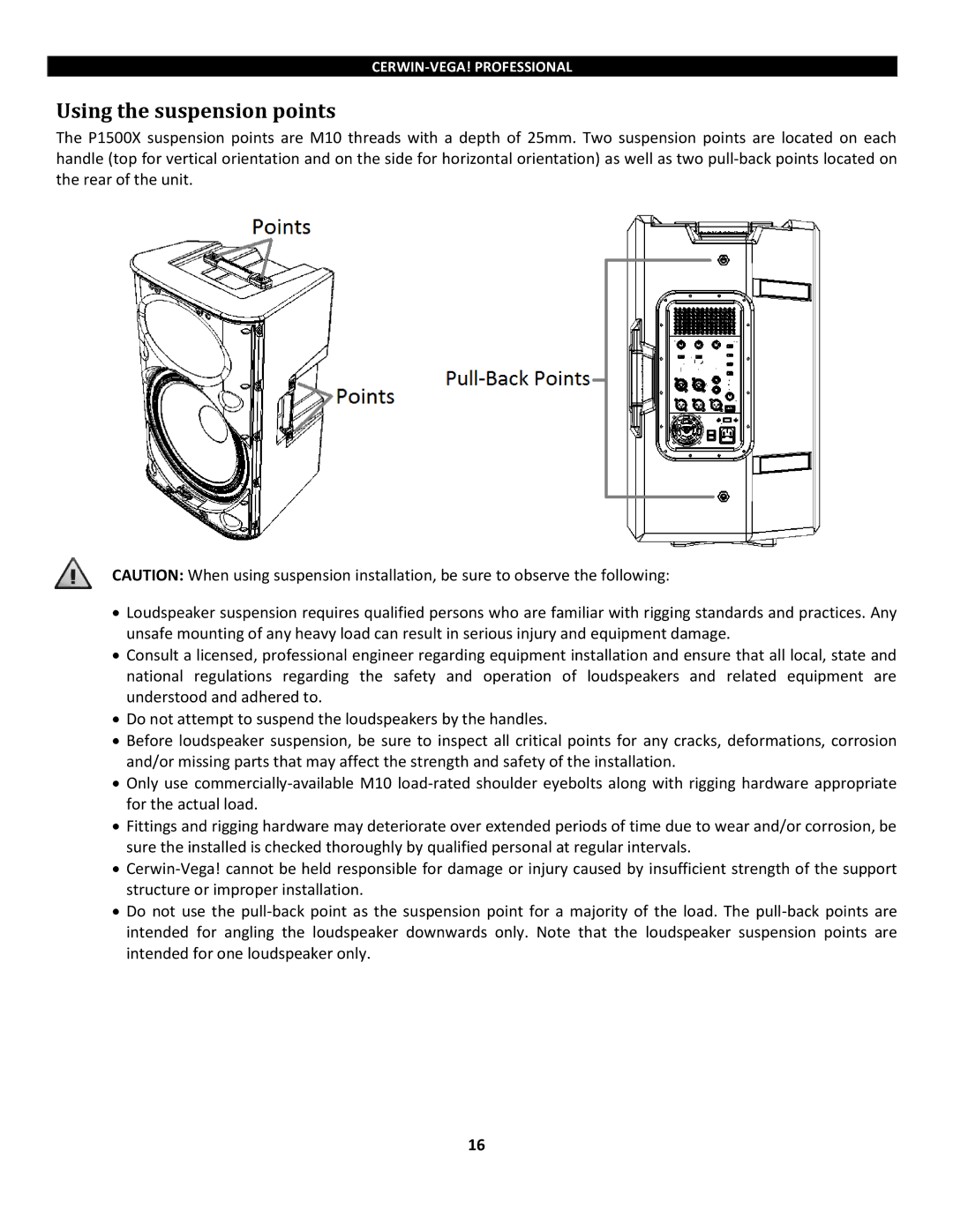 Cerwin-Vega P1500x, P1800SX instruction manual Using the suspension points 