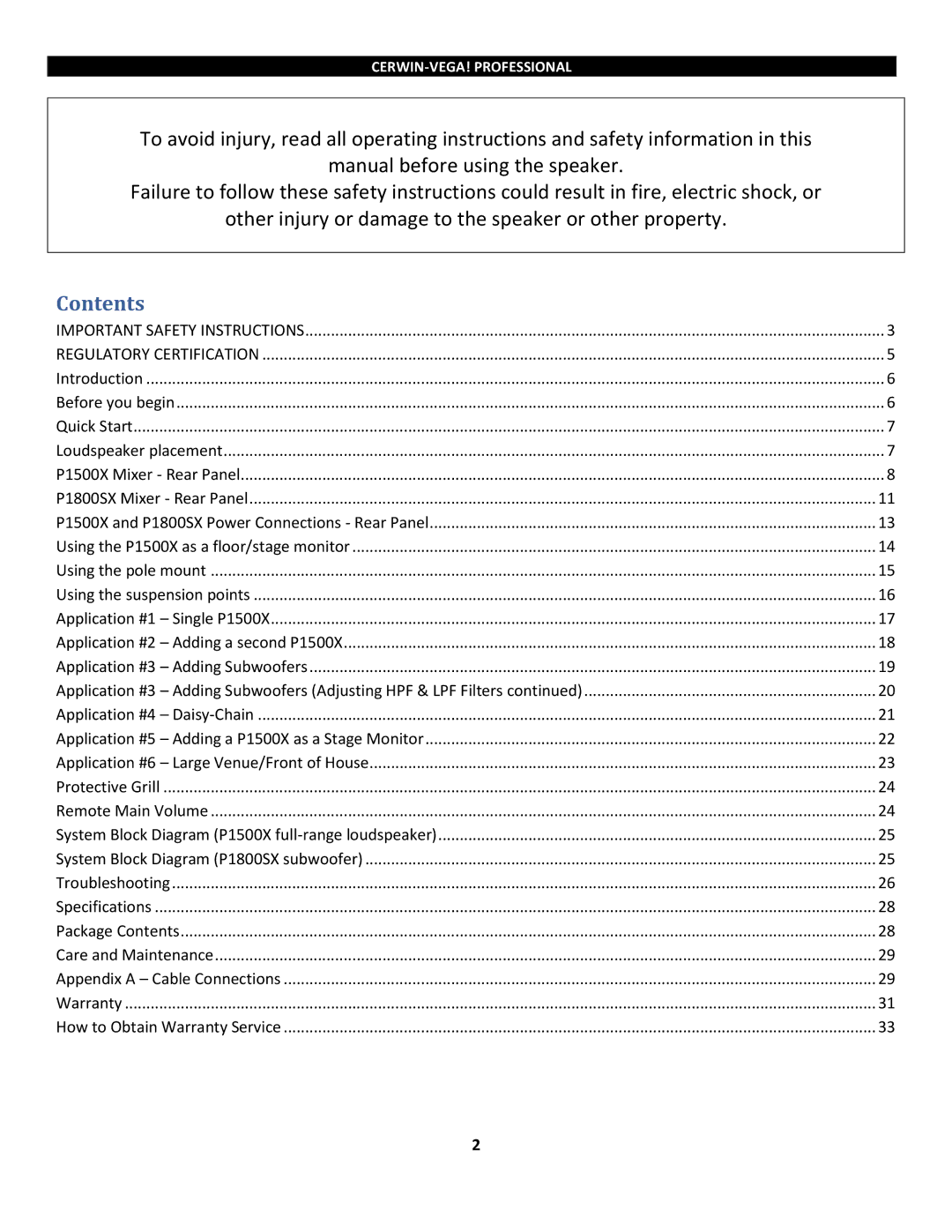 Cerwin-Vega P1500x, P1800SX instruction manual Contents 