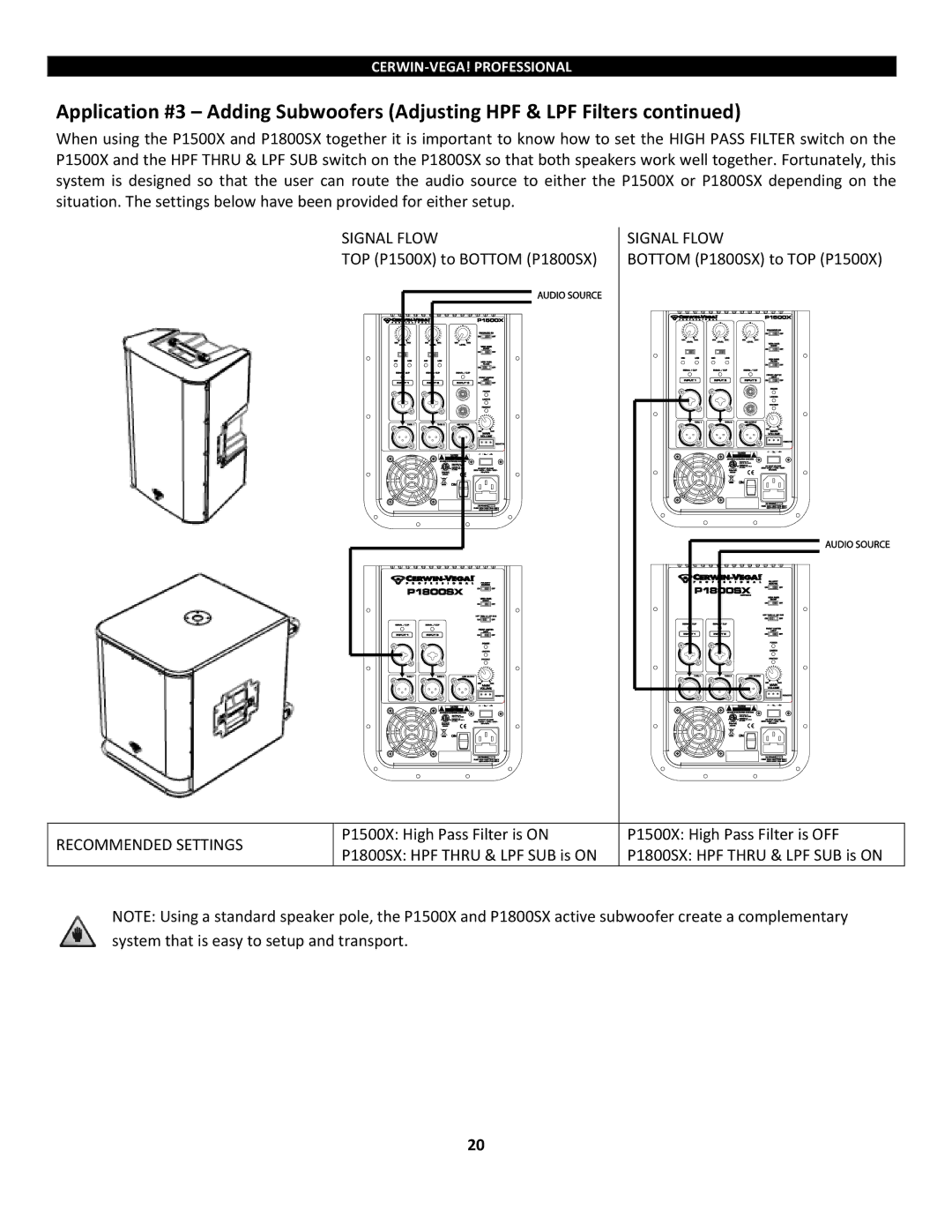 Cerwin-Vega P1500x, P1800SX instruction manual Signal Flow, Recommended Settings 