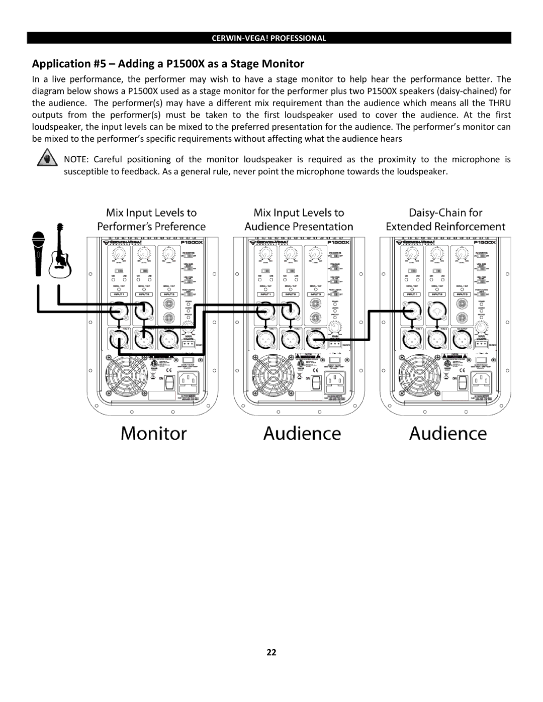 Cerwin-Vega P1500x, P1800SX instruction manual Application #5 Adding a P1500X as a Stage Monitor 