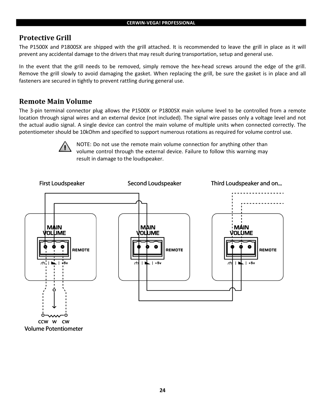 Cerwin-Vega P1500x, P1800SX instruction manual Protective Grill, Remote Main Volume 