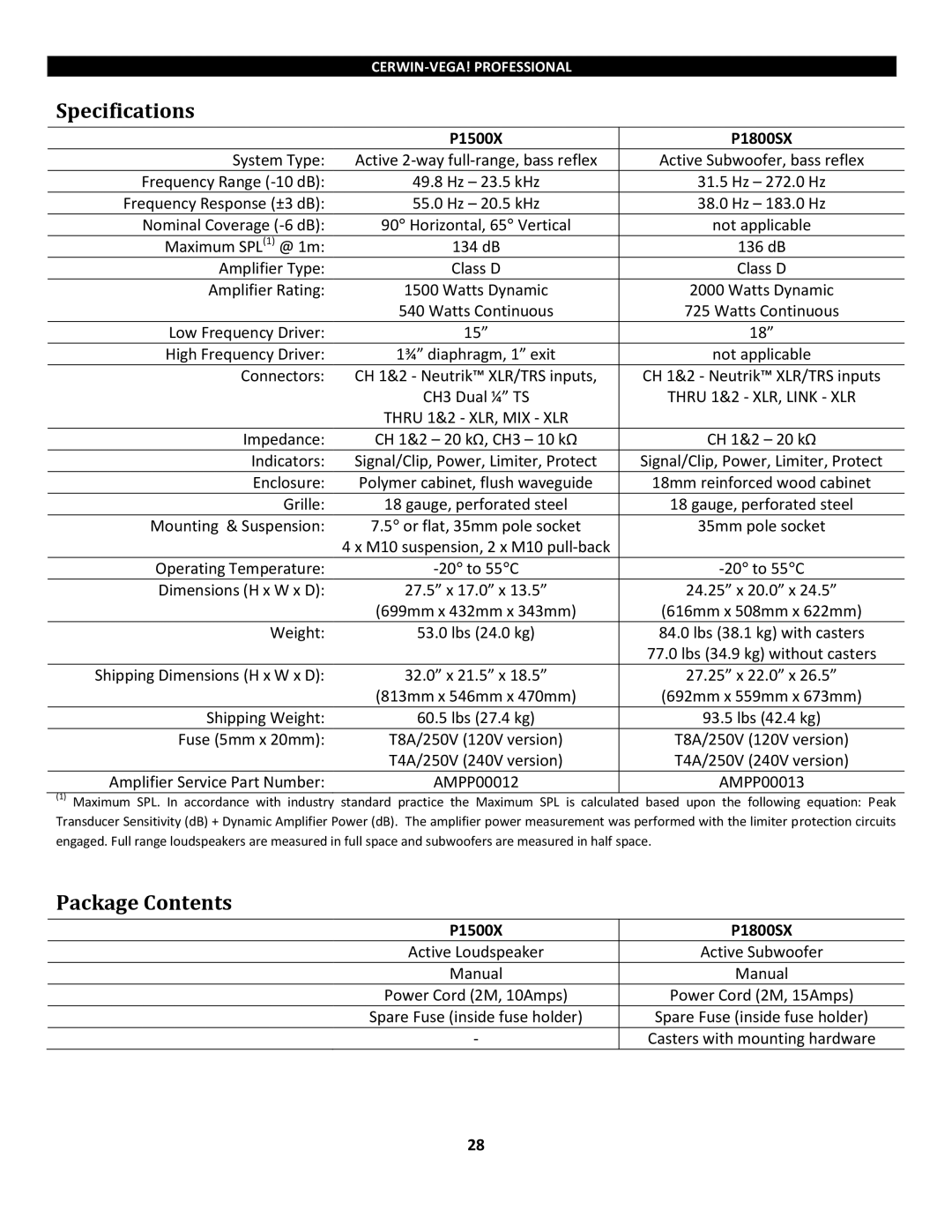 Cerwin-Vega P1500x, P1800SX instruction manual Specifications, Package Contents 