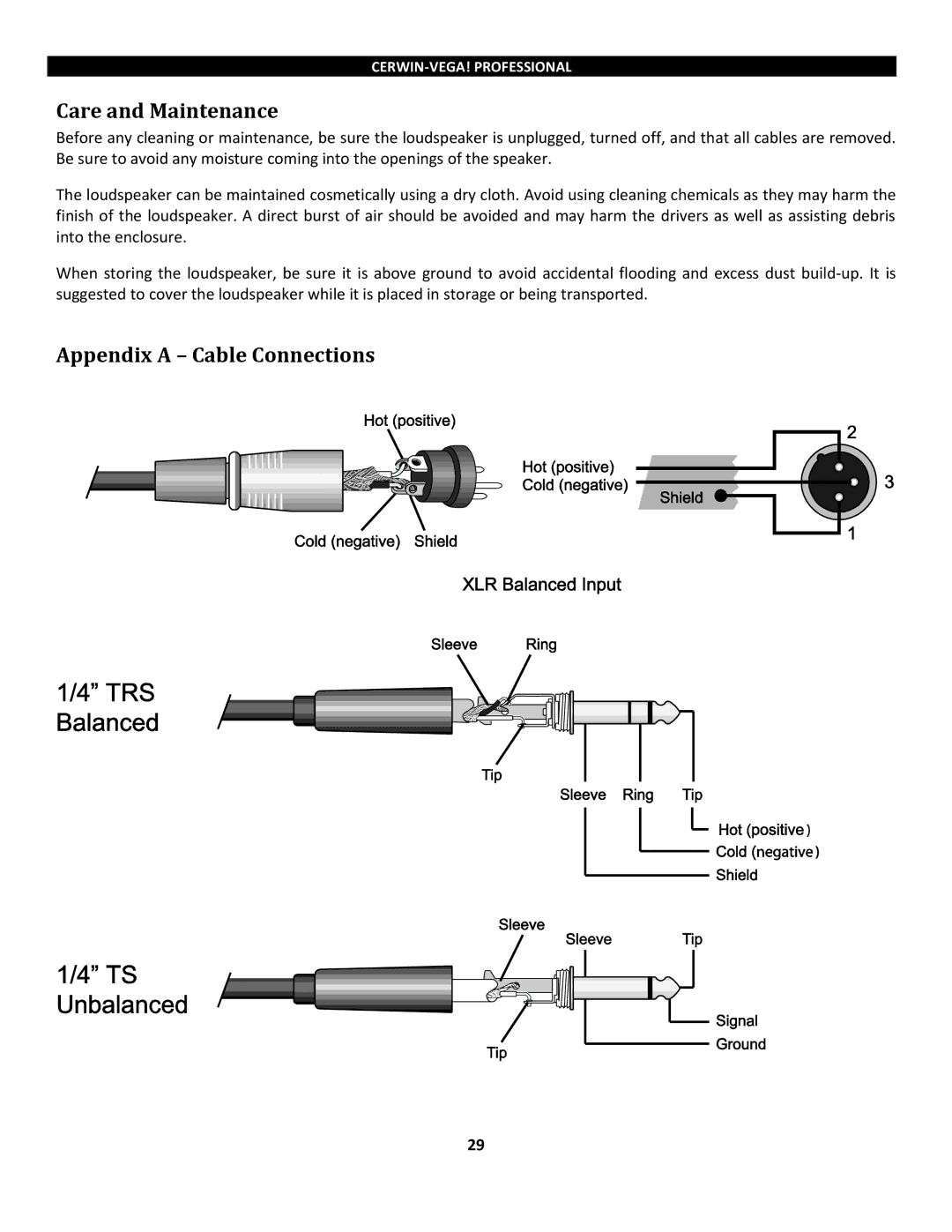 Cerwin-Vega P1800SX, P1500x instruction manual Care and Maintenance, Appendix a Cable Connections 