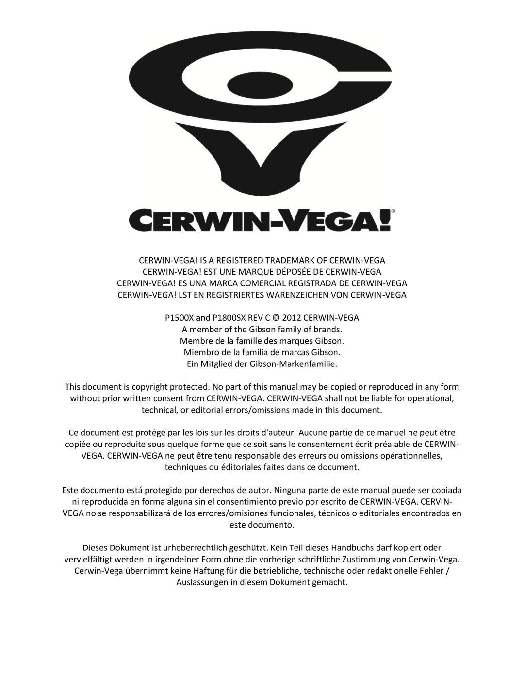 Cerwin-Vega P1500x, P1800SX instruction manual 