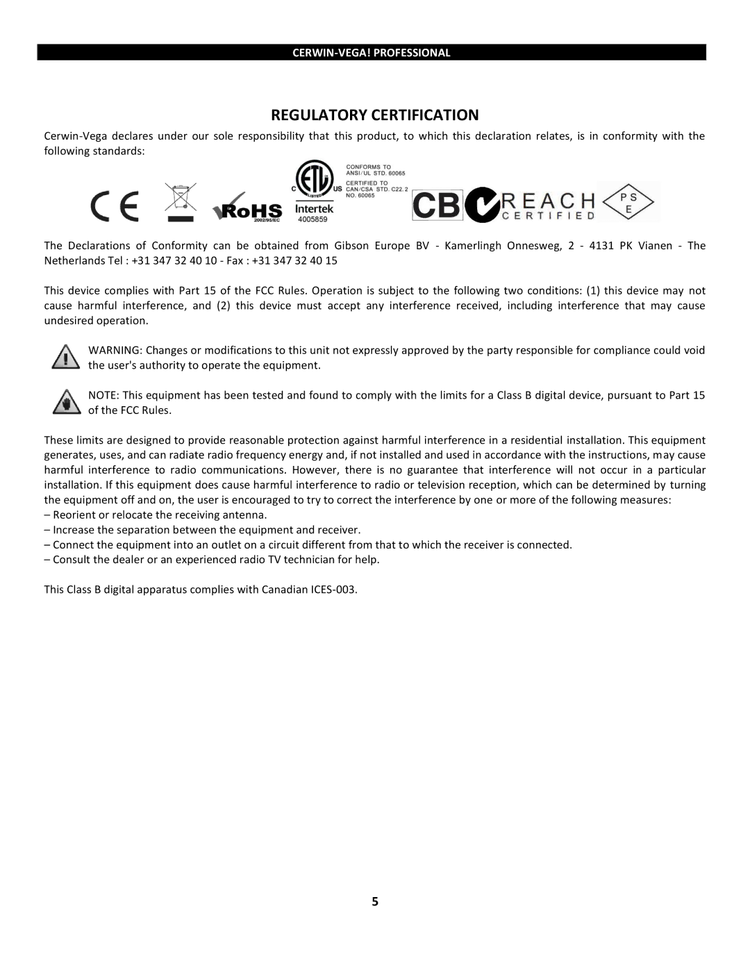 Cerwin-Vega P1800SX, P1500x instruction manual Regulatory Certification 