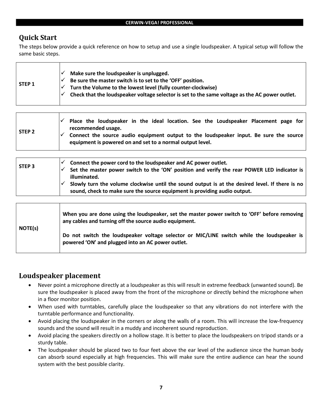 Cerwin-Vega P1800SX, P1500x instruction manual Quick Start, Loudspeaker placement 