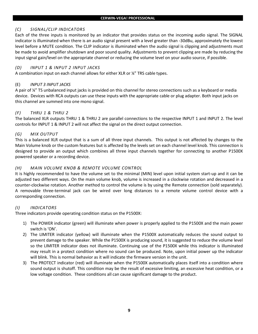 Cerwin-Vega P1800SX, P1500x SIGNAL/CLIP Indicators, Input 1 & Input 2 Input Jacks, Input 3 Input Jacks, MIX Output 