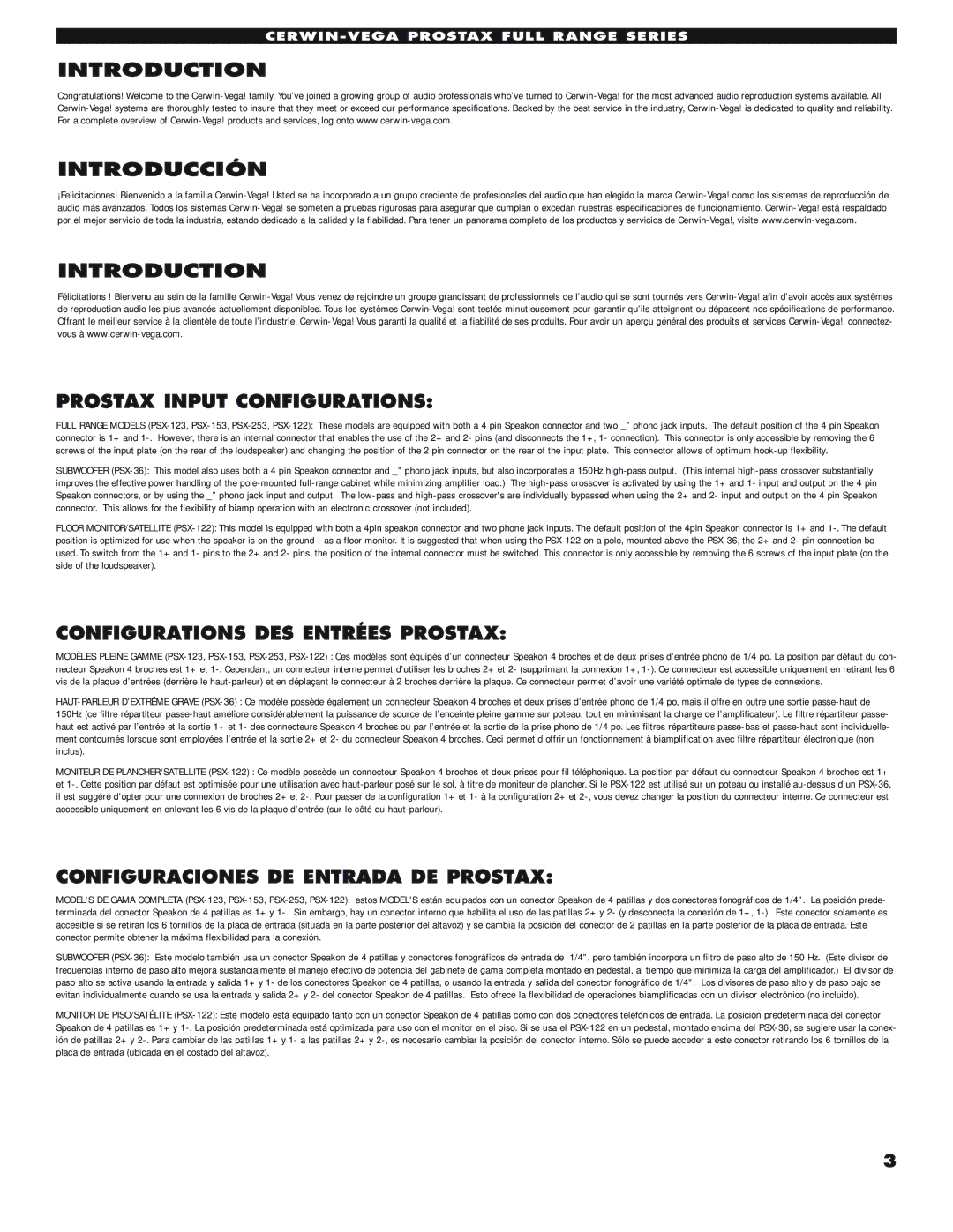 Cerwin-Vega PSX-36 manual Introduction Introducción Prostax Input Configurations, Configurations DES Entrées Prostax 