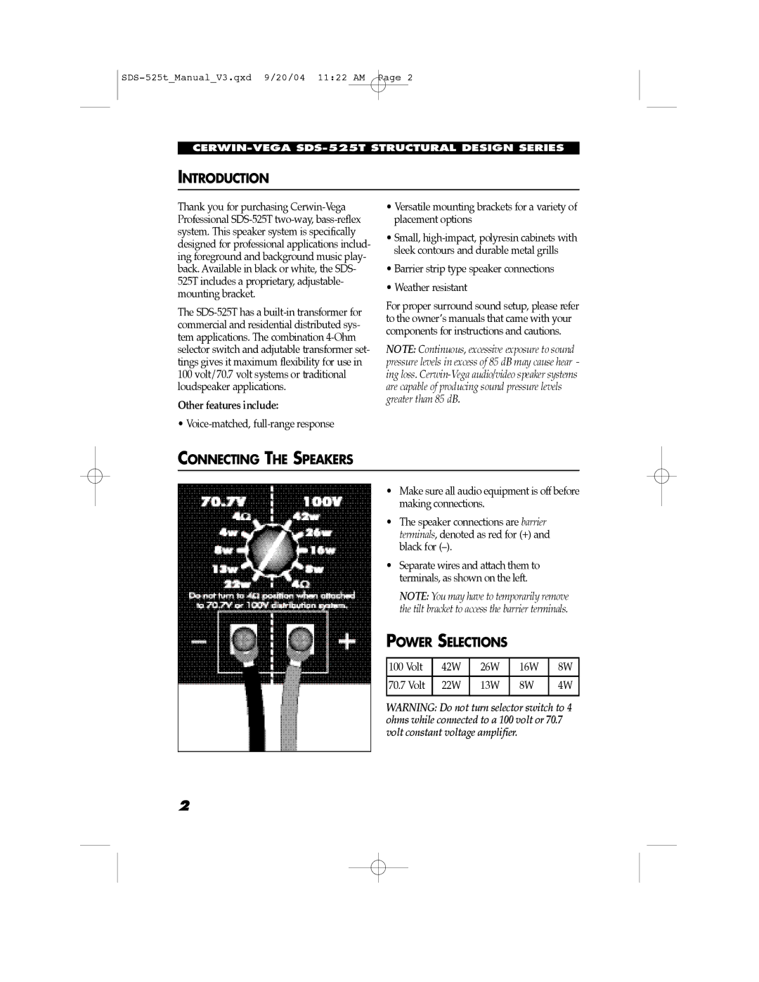 Cerwin-Vega SDS-525T manual Introduction, Connecting the Speakers, Power Selections 